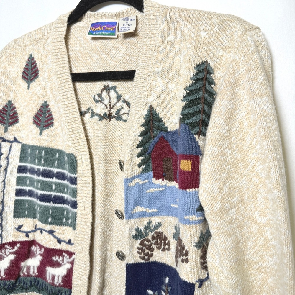 North Crest Vintage Winter Cabin Reindeer Cardigan Sweater Cream Medium